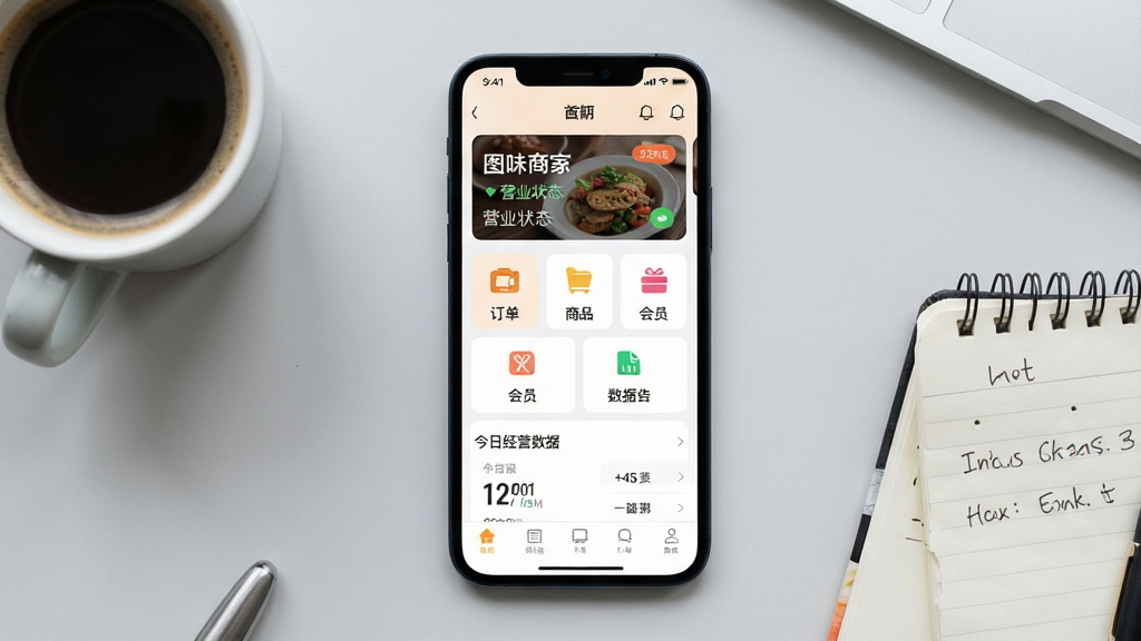 一张手机屏幕展示图味商家应用主界面的场景图,画面中央是一部竖屏手机,屏幕内显示图味商家APP的首页布局,上方为店铺名称与营业状态卡片,中部为订单、商品、会员、数据四个功能入口图标,下方为今日经营数据概览,背景为浅灰色桌面,手机旁放着一杯咖啡和一本便签,整体风格简洁商务,细节清晰,画质高清,干净,无多余元素