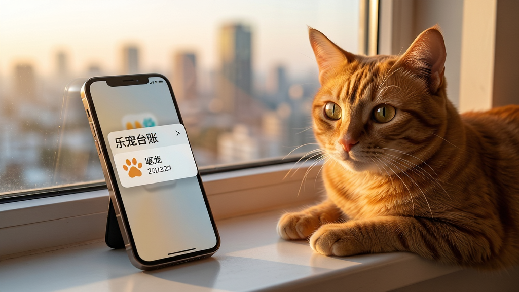 主体为一只橘猫趴在窗台上,窗外是清晨城市天际线,窗台边放着一部手机,手机屏幕弹出“乐宠台账”的提醒通知卡片,卡片上有驱虫图标和日期,布局采用前景猫咪与背景城市虚实结合,风格为温暖日系摄影风,细节包括猫咪瞳孔反光、手机通知卡片阴影柔和、窗外光线层次丰富,画质为高清4K,干净无多余元素,画面中文字“乐宠台账”清晰可见