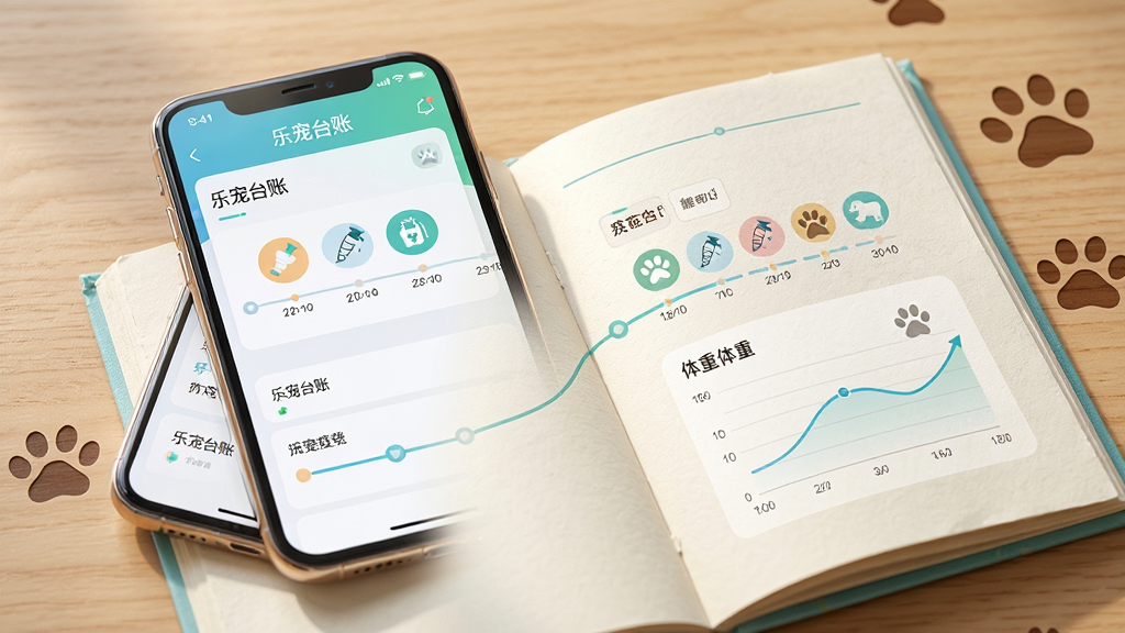 主体为一部智能手机与一本展开的宠物健康手册并排放在木桌上,手机屏幕显示“乐宠台账”的宠物健康档案页面,页面中有时间轴、疫苗图标和体重曲线图,布局为左右对比排列,风格为简约清新的数码产品展示风,细节包括手机边框反光、手册纸张纹理、桌面有宠物爪印装饰,画质为高清4K,干净无多余元素,画面中文字“乐宠台账”清晰可见