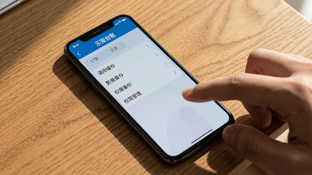 主体为一部智能手机放在桌面上,屏幕显示“乐宠台账”的设置页面,页面中有清除缓存、数据备份、权限管理等选项,手机旁边有一只手正在点击屏幕,布局为第一人称视角,风格为真实生活摄影风,细节包括手指阴影、屏幕反光、桌面木纹清晰,画质为高清4K,干净无多余元素,画面中文字“乐宠台账”清晰可见