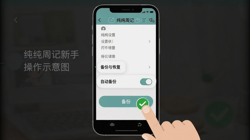 纯纯周记新手操作示意图,主体为手机屏幕显示纯纯周记的设置菜单和备份按钮,布局采用手机正面视角,排版突出“备份与恢复”选项和“自动备份”开关,风格为扁平化教程图解,细节包含手指点击备份按钮的动作和绿色的成功勾选标记,画质清晰,干净,无多余元素
