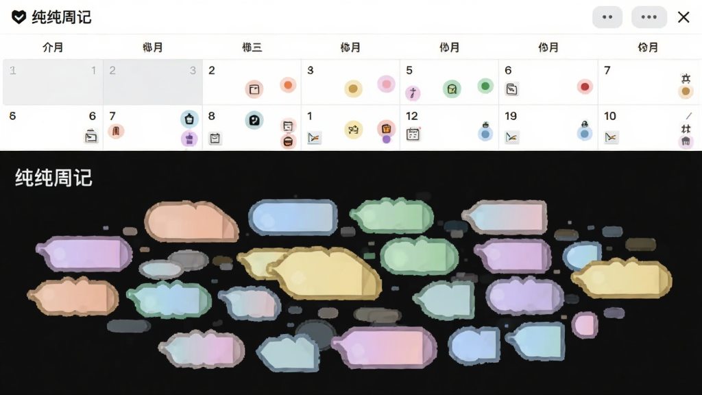纯纯周记标签与日历管理界面,主体为纯纯周记应用的日历视图和标签云分布,布局采用上下结构,排版上半部分为月历视图带有情绪标记点,下半部分为彩色标签云,风格为扁平化UI设计风格,细节包含每个日期格子内的微小图标和标签的柔和配色,画质清晰,干净,无多余元素
