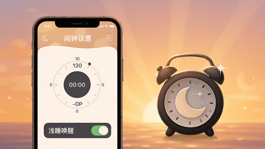 莱拉睡眠智能闹钟与提醒功能展示,画面中手机屏幕显示闹钟设置界面,包含时间轮盘和浅睡唤醒开关,手机旁边有一个小闹钟图标和月亮图标,背景为清晨日出渐变色,布局采用左右平衡构图,风格为温暖插画风,细节上闹钟图标有轻微高光,画质清晰,干净,无多余元素