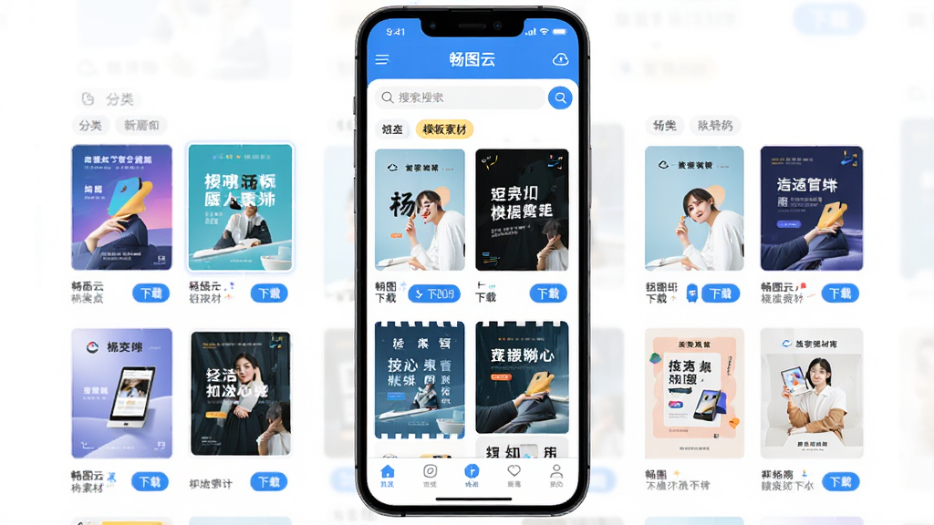 畅图云模板素材库界面,画面展示手机屏幕中排列着多种海报模板缩略图,屏幕上方有“畅图云”标题栏,布局为网格状模板排列,排版顶部搜索框底部导航栏,风格为清新明亮色彩,细节包含分类标签、缩略图预览、下载按钮,画质高清,干净,无多余元素