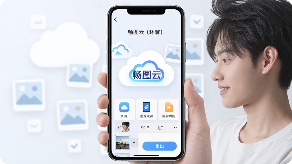 畅图云手机端主界面,一位年轻用户手持手机正在编辑图片,画面中央展示软件logo“畅图云”,背景是简洁的云朵与图片图标组合,布局为竖版手机屏幕展示,排版上方标题下方功能图标,风格为扁平化科技感,细节包含工具栏、图层缩略图、导出按钮,画质高清,干净,无多余元素