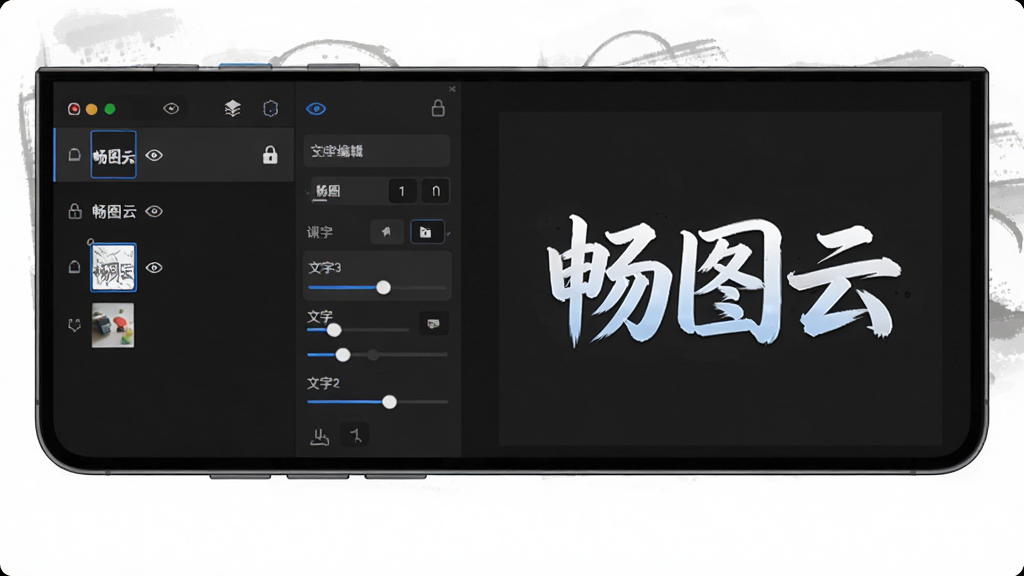 畅图云图层面板与文字编辑界面,画面展示手机屏幕左侧为图层列表右侧为画布,画布上有“畅图云”艺术字,布局为左右分栏,排版左侧图层缩略图右侧编辑区域,风格为深色专业工具风,细节包含图层眼睛图标、锁定图标、文字属性滑块,画质高清,干净,无多余元素