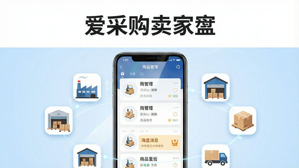 一张展示爱采购卖家版手机应用界面的场景图,画面中央是一部现代智能手机,手机屏幕上显示着商品管理列表和询盘消息提醒,手机周围环绕着工厂、仓库、物流等商业元素图标,布局采用居中构图,上方留有空白区域用于放置文字,风格为现代商务科技风,细节上手机屏幕有轻微反光,背景为浅蓝色渐变,画质高清,干净,无多余元素