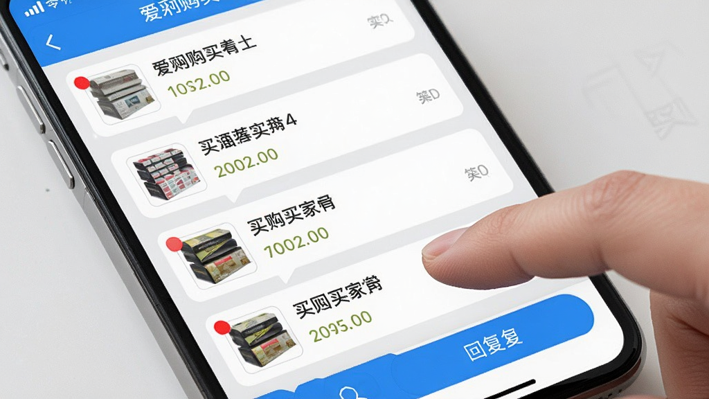 爱采购卖家版询盘消息界面,手机屏幕显示多条买家询价消息列表,每条消息带有商品缩略图和红点未读提醒,画面中有一只手正在点击屏幕上的回复按钮,背景为浅灰色,布局为手机界面特写,风格为真实产品截图风格,细节上消息气泡清晰,画质高清,干净,无多余元素