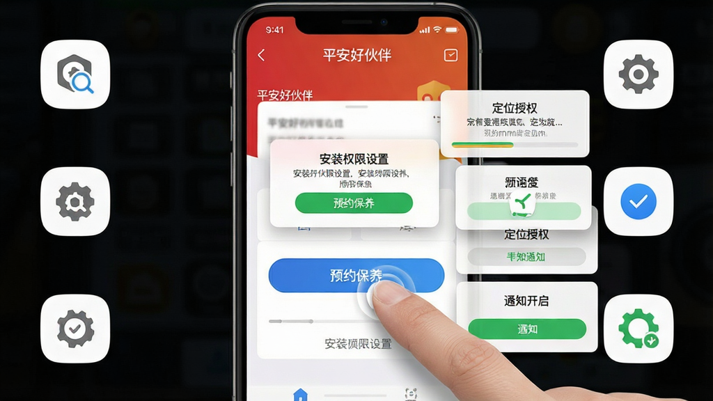 一张展示平安好伙伴应用在手机端操作流程的图片,画面以“平安好伙伴”界面为背景,前景展示一只手正在点击“预约保养”按钮,旁边浮现出安装权限设置、定位授权、通知开启等小窗口。布局为手机屏幕特写,周围环绕设置图标。风格为写实UI交互展示,细节包括手指点击动画、权限弹窗、进度提示。画质高清,干净无杂乱元素。