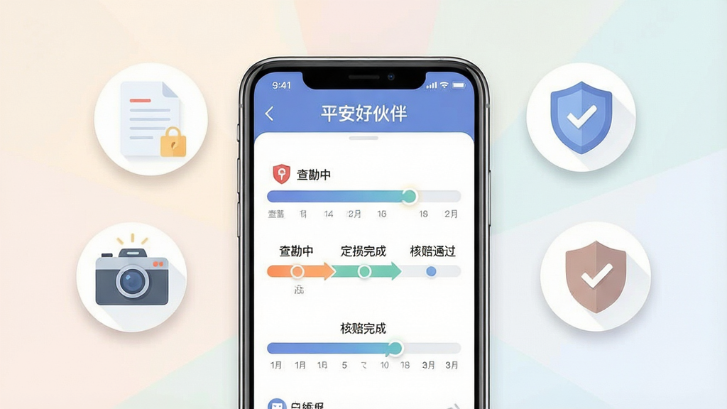 一张展示平安好伙伴理赔进度追踪功能的图片,画面主体是一部智能手机,屏幕显示“平安好伙伴”理赔进度页面,包含查勘中、定损完成、核赔通过等步骤条。手机周围环绕着文档、相机、盾牌等象征安全与效率的图标。布局为手机居中,图标呈放射状排列。风格为现代扁平化设计,色彩柔和,细节包括进度条高光、图标微阴影。画质清晰,干净无杂物。