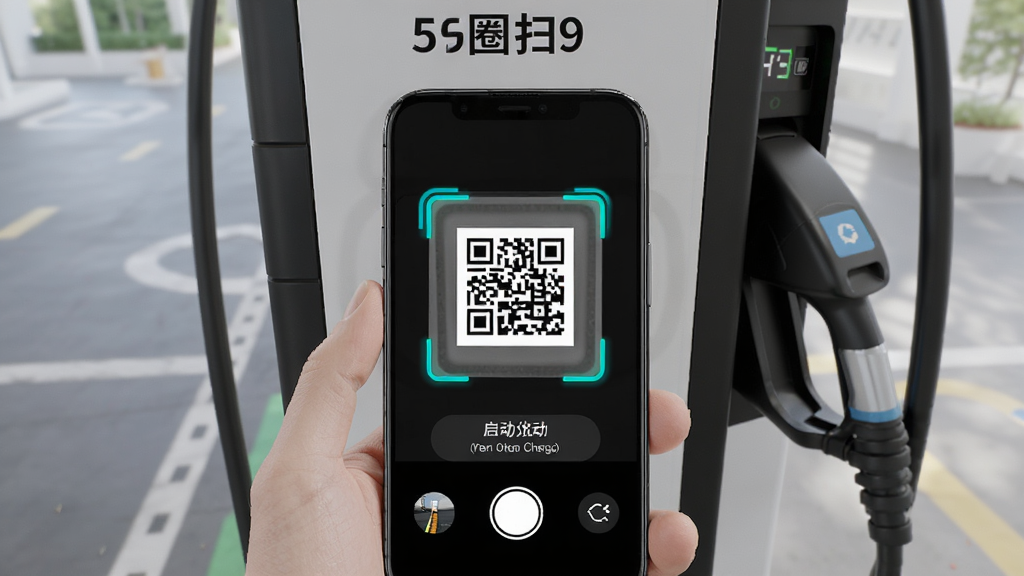 充电圈扫码充电操作界面,主体为手机摄像头对准充电桩二维码,布局采用第一人称视角,排版突出扫码框与充电桩,风格为写实科技风,细节包含手机屏幕扫码提示、充电桩编号、启动充电按钮,画质高清干净无多余元素