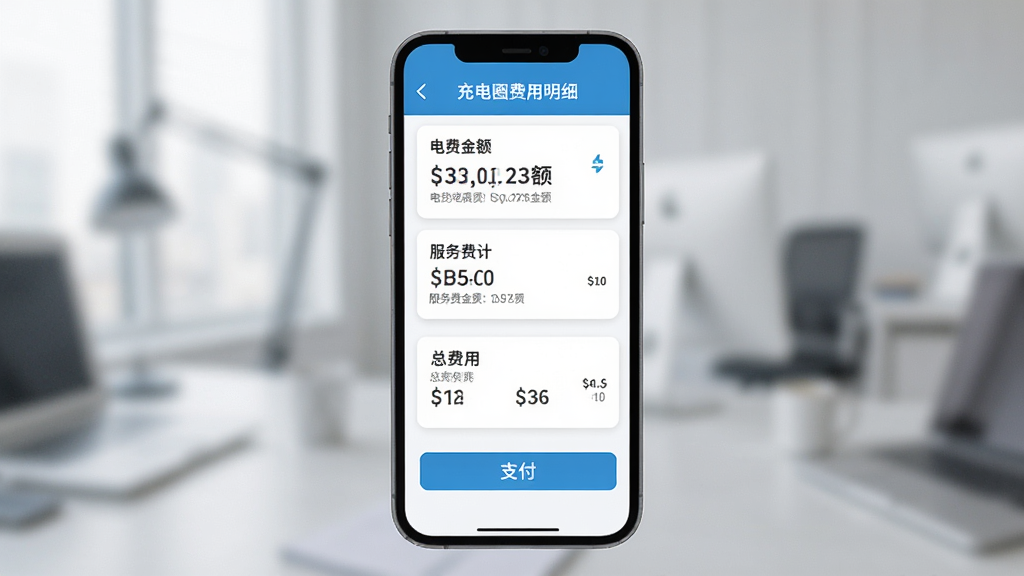 充电圈费用明细页面,主体为手机屏幕展示充电账单,布局采用卡片式信息排列,排版简洁直观,风格为清新商务风,细节包含电费金额、服务费金额、总费用、支付按钮,画质高清干净无多余元素