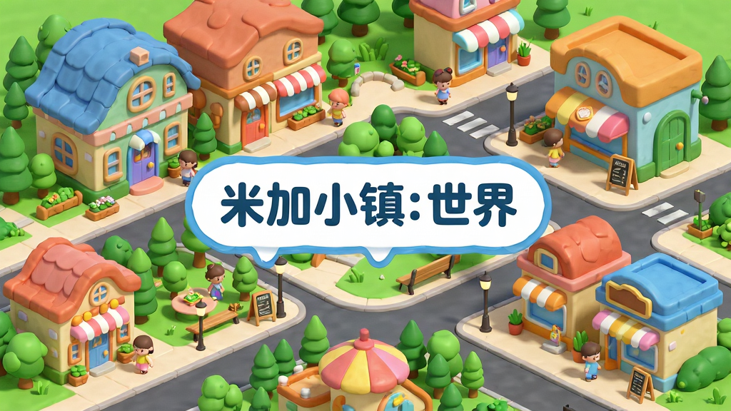 主体为一座色彩缤纷的卡通小镇全景,布局包含多层建筑、街道、公园与商店,排版采用俯视微倾斜视角,风格为明亮活泼的3D卡通渲染,细节上建筑门窗圆润、植被丰富、人物小巧可爱,画质清晰干净,画面中央用气泡框标注文字“米加小镇: 世界”,无多余元素