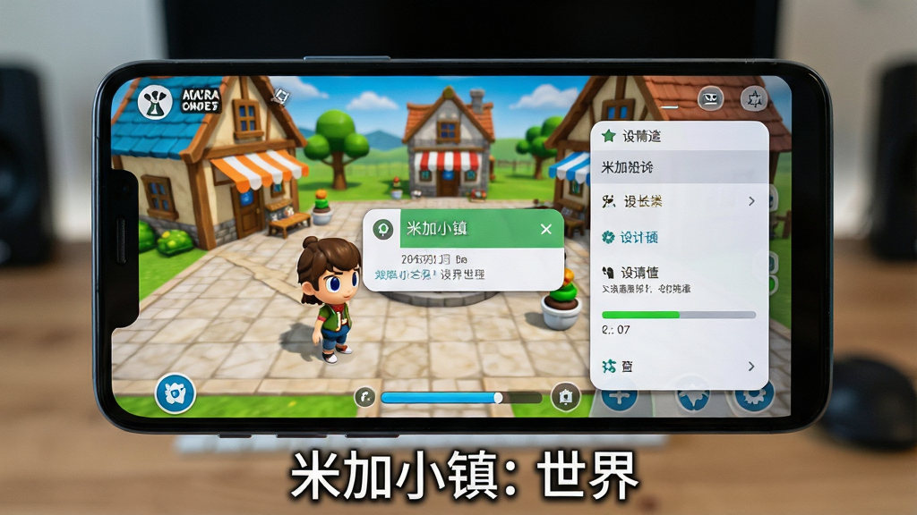 主体为一部安卓手机屏幕显示米加小镇: 世界游戏界面,布局左侧为角色站在小镇广场、右侧为设置菜单弹出,排版采用手机正面特写,风格为写实科技风,细节上屏幕有权限弹窗与进度条、背景为模糊桌面,画质清晰锐利,画面底部标注文字“米加小镇: 世界”,无多余元素