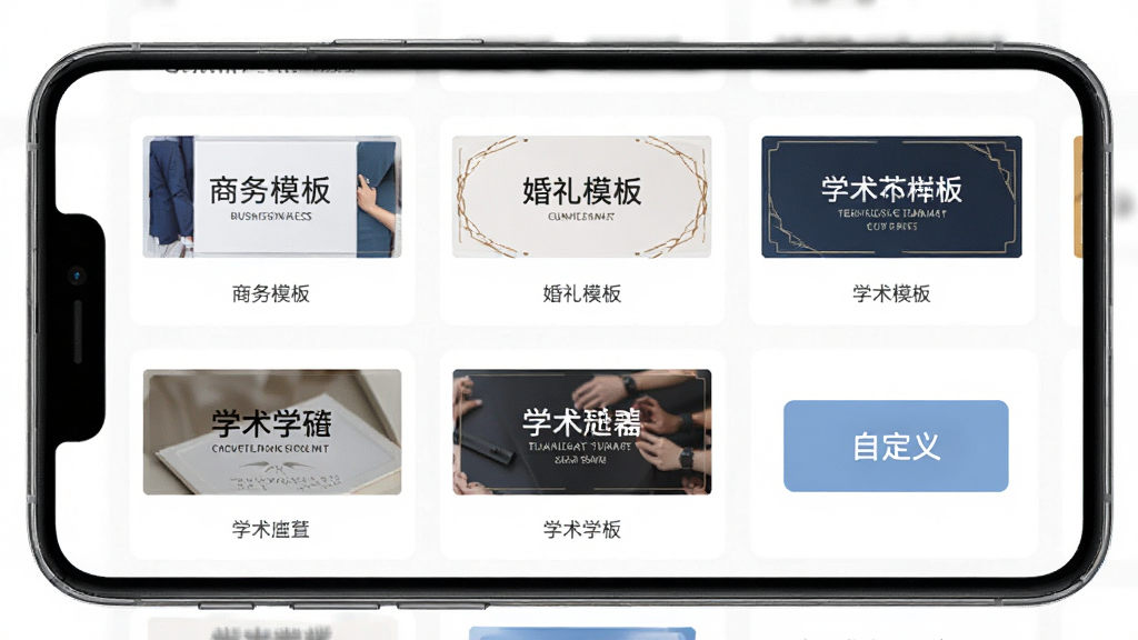 电子桌牌蓝牙版模板选择界面,主体为手机屏幕展示多种桌牌模板缩略图,布局为网格排列,排版清晰,风格为清新简约风,细节包括商务模板、婚礼模板、学术模板、自定义上传按钮,画质高清干净无多余元素