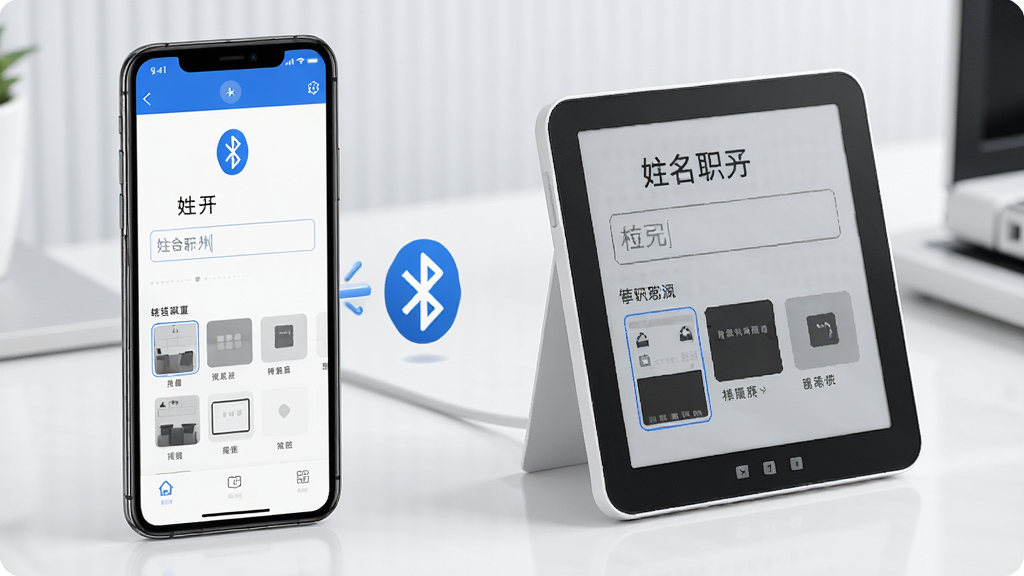 电子桌牌蓝牙版软件主界面展示,主体为一部智能手机和一台电子桌牌设备通过蓝牙连接,布局为手机屏幕显示桌牌编辑界面,旁边放置电子墨水屏桌牌,排版清晰,风格为现代科技商务风,细节包括蓝牙图标、姓名职务输入框、模板选择缩略图,画质高清干净无多余元素
