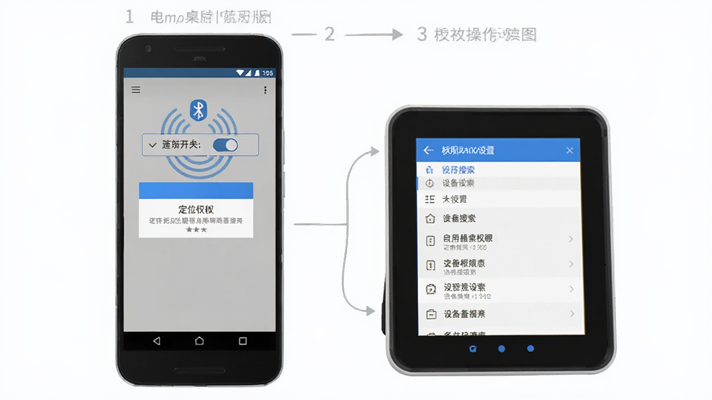 电子桌牌蓝牙版新手操作示意图,主体为一部安卓手机和电子桌牌设备,布局为手机屏幕显示连接步骤和权限设置界面,排版分步展示,风格为扁平化教程风,细节包括蓝牙开关、定位权限弹窗、设备搜索列表,画质高清干净无多余元素