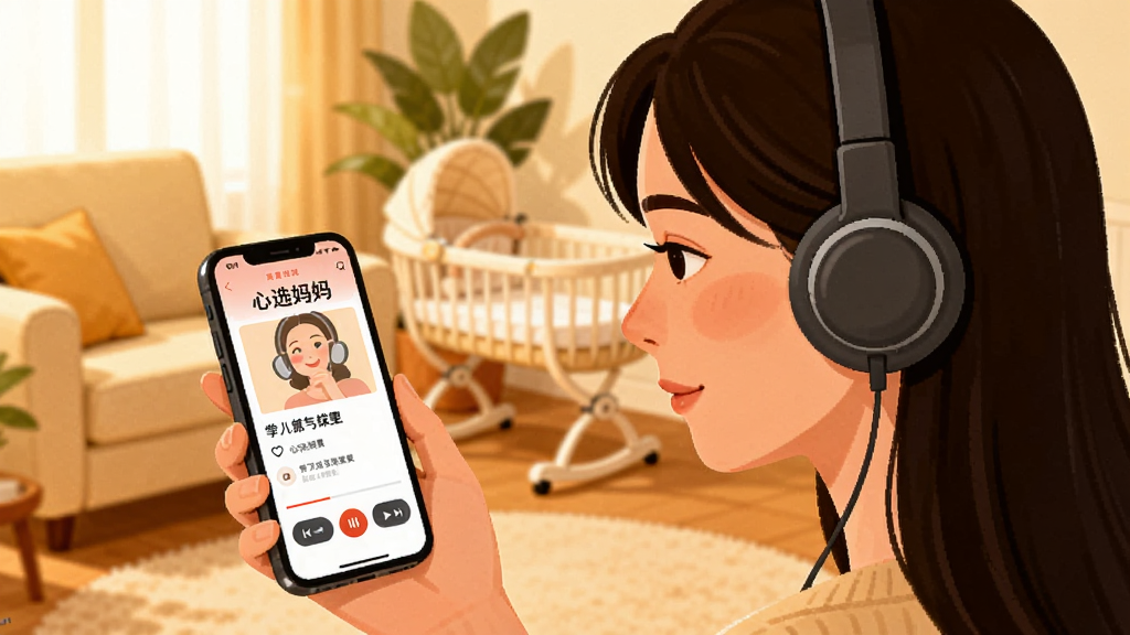 一位年轻妈妈戴着耳机用手机学习育儿课程的情景插画,手机屏幕显示