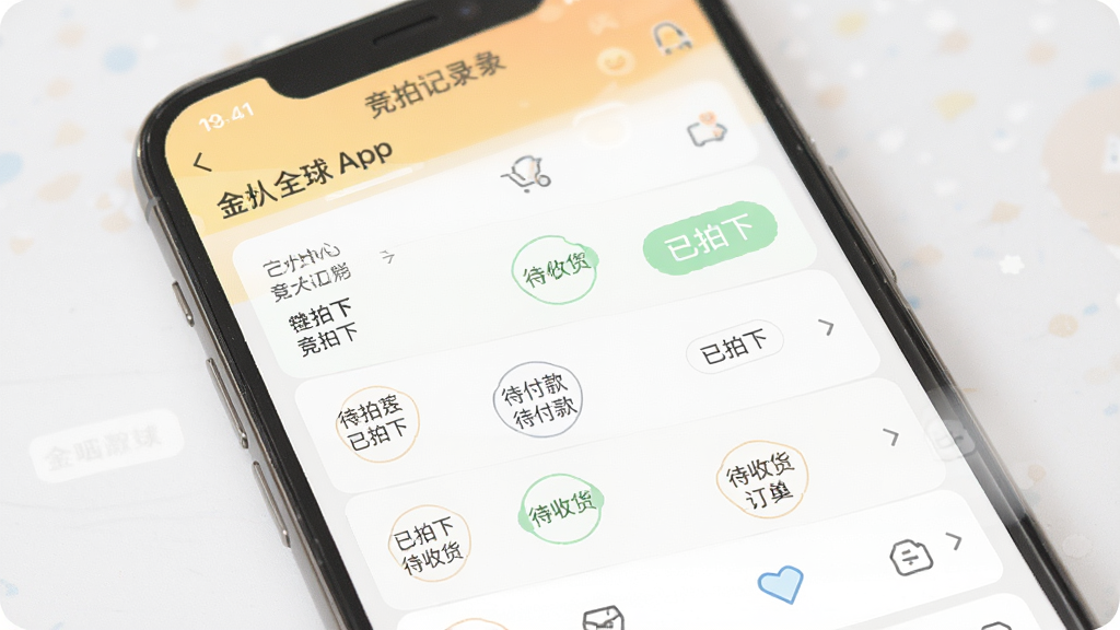 主体为金拍全球APP的个人中心与竞拍记录页面 布局为手机屏幕展示多个竞拍订单状态 排版为列表式 风格为清爽浅色 细节为屏幕上有“已拍下”“待付款”“待收货”等标签 画质清晰 干净 无多余元素