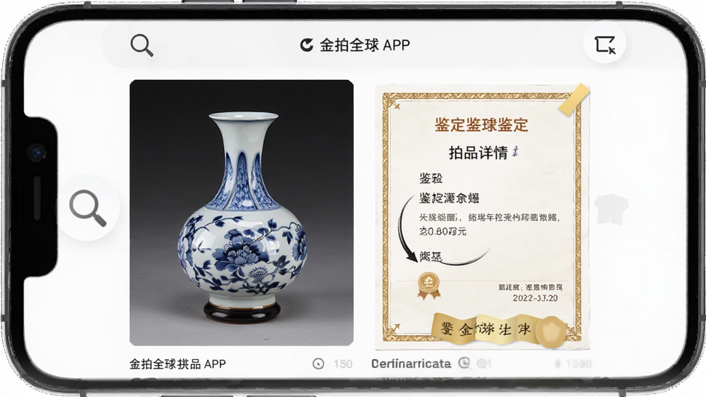 主体为金拍全球APP内拍品详情页 布局为手机屏幕特写 展示瓷器拍品的高清图片与鉴定证书 排版为左右分栏 风格为简洁商务 细节为屏幕上有放大镜图标和鉴定标签 画质清晰 干净 无多余元素