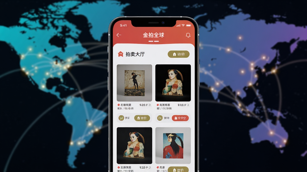 主体为一部智能手机屏幕显示金拍全球APP的拍卖大厅界面 布局为手机居中放置 背景为虚化的全球地图与连接线 排版为竖版海报风格 风格为科技感与艺术感结合 细节为屏幕内展示多件艺术品缩略图与出价按钮 画质高清 干净 无多余元素