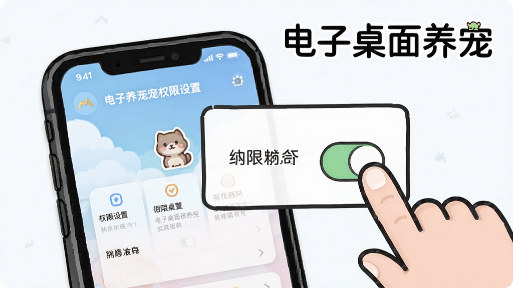 一部手机屏幕显示电子桌面养宠的权限设置界面,旁边有手指点击悬浮窗权限开关的示意,背景简洁,卡通风格,信息图排版,画质清晰,干净无多余元素,画面中有