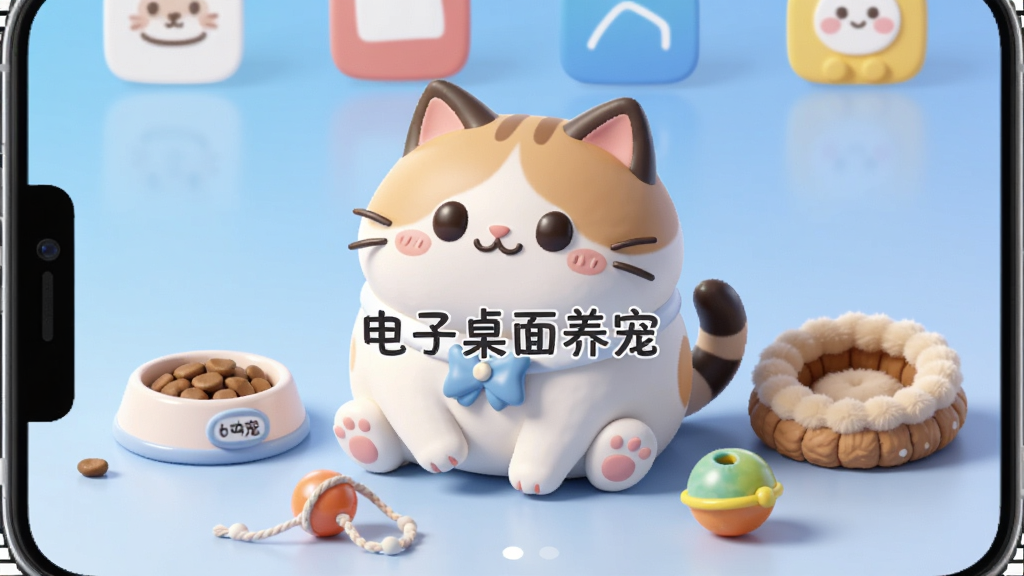 一只圆润可爱的电子桌面宠物猫坐在手机桌面中央,周围环绕着喂食碗、玩具球和小窝等元素,背景是淡蓝色渐变桌面壁纸,整体风格清新治愈,卡通渲染,细节丰富,画质清晰干净,无多余元素,画面中央有