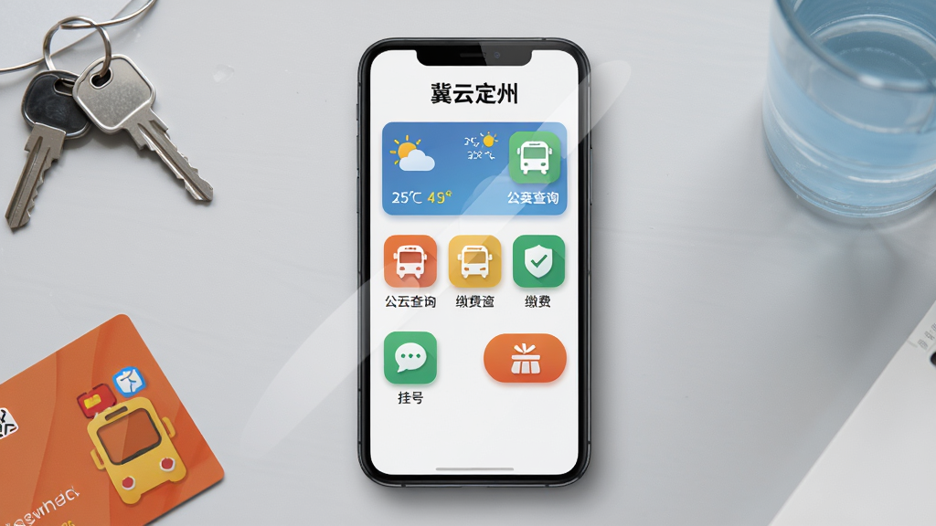 一张AI生成的图片,主体为一部智能手机平放在桌面上,屏幕显示“冀云定州”便民服务聚合页面,页面上有天气卡片、公交查询、缴费入口、挂号按钮等彩色图标网格,布局为手机居中、四周有生活物品点缀如钥匙、公交卡、水杯,风格为扁平化插画与写实结合的混合风,细节包括图标有微阴影、屏幕有轻微反光、桌面为浅灰色,画质为高清4K,干净整洁无多余元素