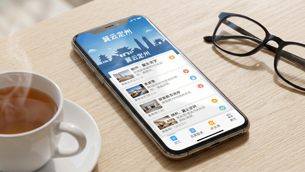 一张展示智能手机屏幕的图片,屏幕中央显示“冀云定州”APP的主界面,界面顶部有定州城市地标剪影,中部为新闻资讯卡片瀑布流,底部为政务服务图标导航栏,手机放置在一张浅木色桌面上,旁边有一杯热茶和一副眼镜,整体布局简洁大气,风格为写实产品展示风,细节包括手机边框高光、屏幕微反光、桌面纹理清晰,画质为高清4K,干净明亮无多余元素