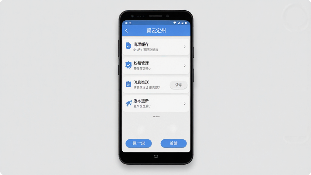 一张AI生成的图片,主体为一部安卓手机屏幕显示“冀云定州”APP的设置页面,页面上有清理缓存、权限管理、消息推送、版本更新等选项,布局为手机正面竖屏居中,背景为浅灰色纯色,风格为简洁产品界面展示风,细节包括屏幕有轻微UI阴影、按钮有圆角、字体清晰可辨,画质为高清4K,干净无杂乱元素