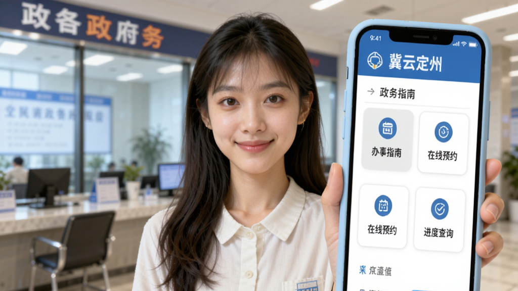 一张AI生成的图片,主体为一位年轻女性手持手机,手机屏幕显示“冀云定州”政务服务页面,页面上有办事指南、在线预约、进度查询等图标按钮,布局为人物半身居中、手机屏幕特写放大在右侧,风格为清新明亮的生活化写实风,细节包括手机壳为浅蓝色、背景为虚化的政务大厅窗口、人物表情轻松满意,画质为高清4K,干净通透无多余元素