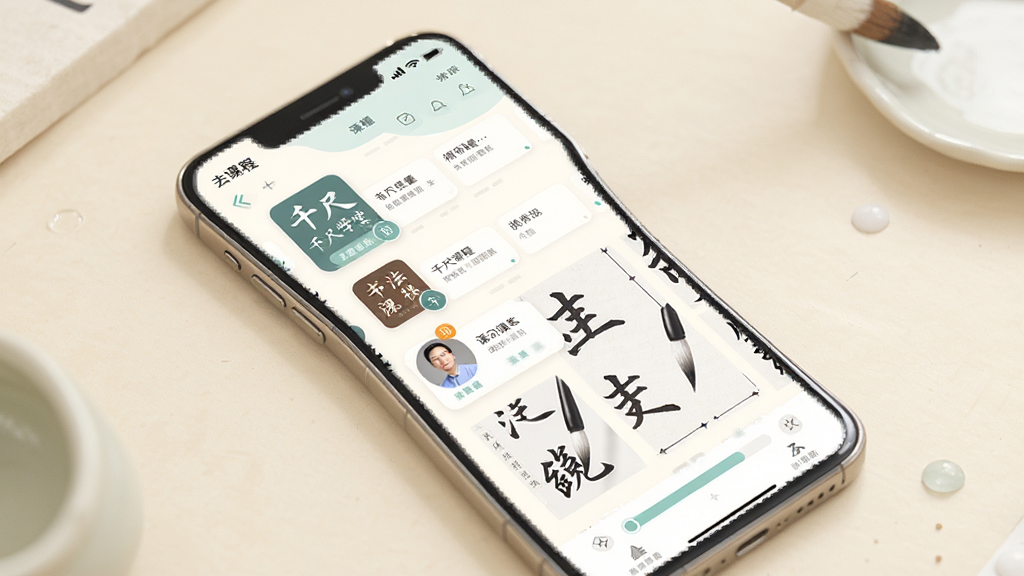 千尺学堂APP主界面预览图,画面中央展示一部智能手机,屏幕内显示书法课程列表与毛笔字帖界面,整体布局简洁清晰,风格温暖柔和,主色调为米白与淡青,细节包含课程封面、老师头像、学习进度条,画质高清,干净,无多余元素