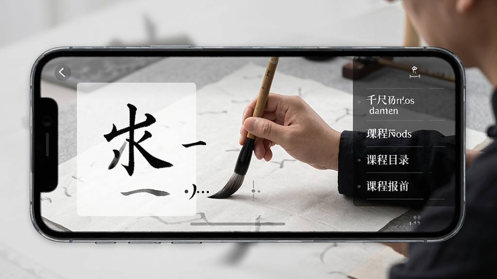 千尺学堂书法课程详情页预览图,画面展示手机屏幕内楷书基础笔画教学视频界面,包含老师示范书写动作、笔画分解图示与课程目录列表,布局清晰,风格素雅,主色调为浅灰与墨黑,细节有毛笔、宣纸纹理元素,画质高清,干净,无多余元素