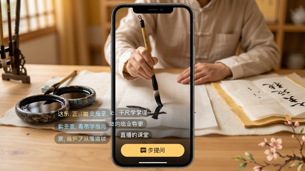 千尺学堂直播课堂界面预览图,画面展示手机屏幕内老师正在直播示范毛笔书写,屏幕下方有弹幕互动区域与提问按钮,布局合理,风格温馨,主色调为暖黄与浅棕,细节包含毛笔、墨碟、宣纸等文房元素,画质高清,干净,无多余元素