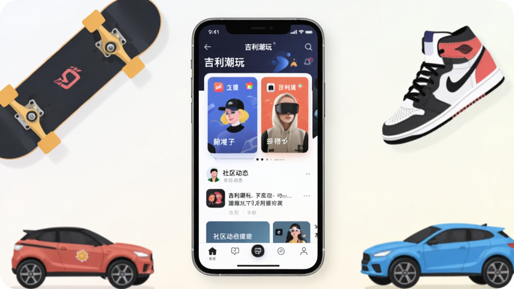 画面中央放置一部智能手机,手机屏幕上显示“吉利潮玩”应用主界面,界面包含潮流卡片、社区动态和底部导航栏,手机周围环绕滑板、运动鞋、汽车模型等潮流元素,背景为浅色渐变,整体布局采用居中对称构图,风格为现代扁平化插画,细节上突出界面图标与文字“吉利潮玩”,画质清晰,干净,无多余元素