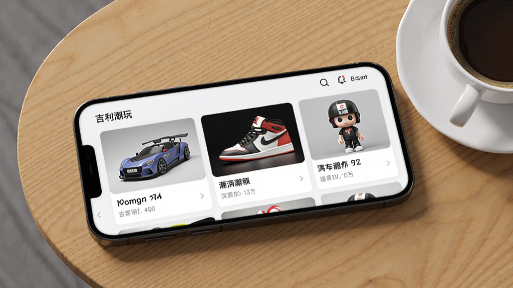 一部手机横屏展示“吉利潮玩”资讯列表页,页面中排列多张潮流资讯卡片,卡片上有汽车模型、运动鞋和潮玩手办图片,手机放置在木质桌面上,旁边有一杯咖啡,布局为斜角俯视构图,风格为写实产品渲染,细节上卡片标题清晰可见,画质高清,干净,无多余元素