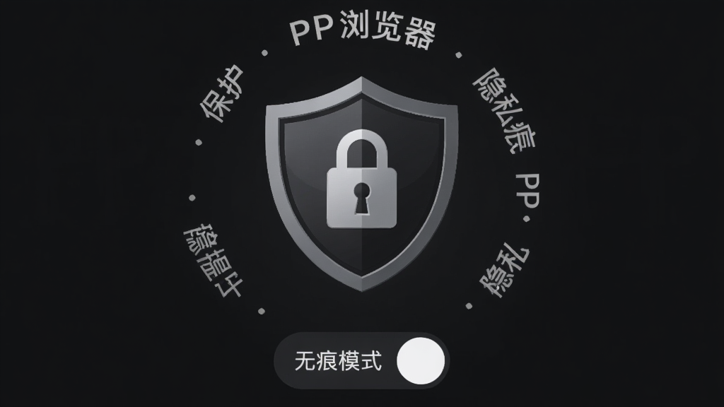 主体是PP浏览器无痕模式界面,布局为深色背景中央显示一个盾牌图标,排版简洁居中,风格为暗黑安全风,细节包括盾牌上的锁形图案、周围环绕的隐私保护文字“PP浏览器”、底部无痕模式开关按钮,画质高清、干净、无多余元素