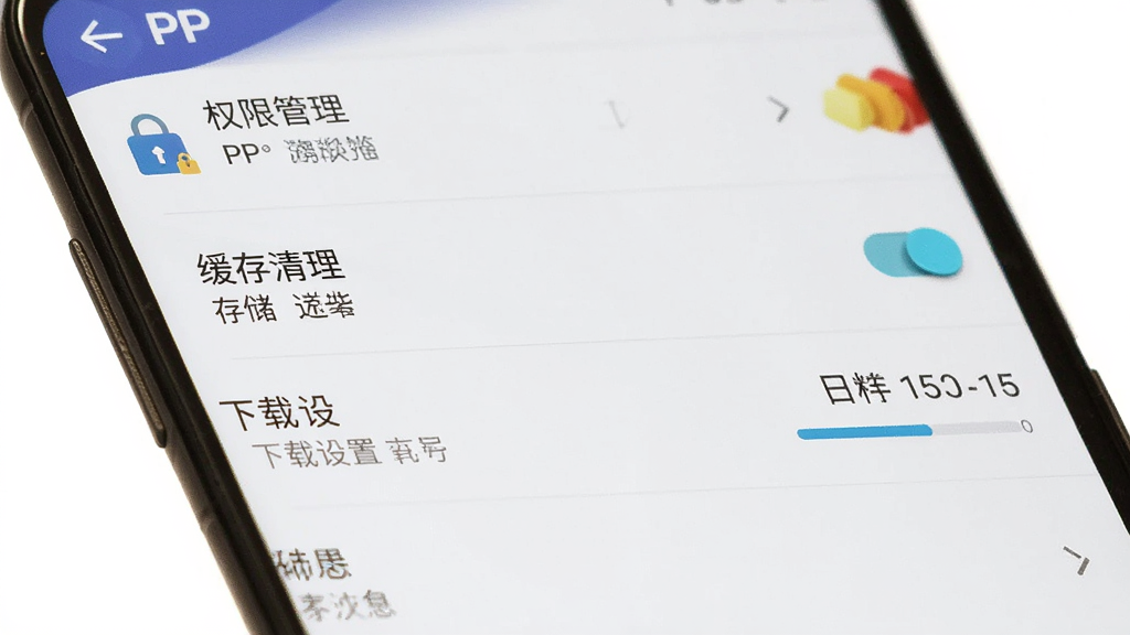 主体是PP浏览器在安卓手机上的设置界面,布局从上到下依次为权限管理、缓存清理、下载设置等选项,排版为列表式,风格为清新简约,细节包括彩色图标、开关按钮、存储占用进度条,画质高清、干净、无多余元素