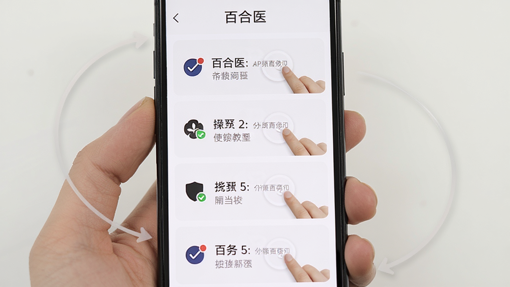 AI生图,主体为手机屏幕显示“百合医”使用教程界面,布局为分步操作截图排列,排版为从上到下四个步骤,风格为清新教程风,细节包括每一步都有手指点击图标、文字说明简洁,背景为白色,画质高清,干净,无多余元素