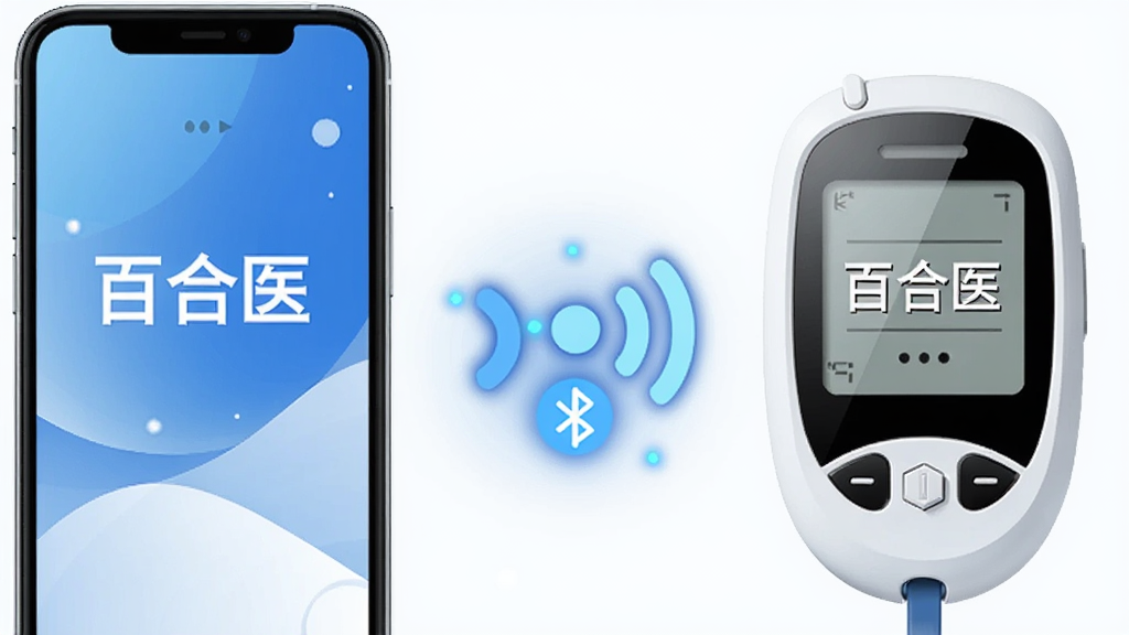 AI生图,主体为一部手机与血糖仪通过蓝牙连接的示意图,布局为手机在左、血糖仪在右,中间以无线信号图标连接,排版采用横向并列,风格为科技健康风,细节包括蓝白色调、设备屏幕显示“百合医”字样、连接图标闪烁效果,画质高清,干净,无多余元素