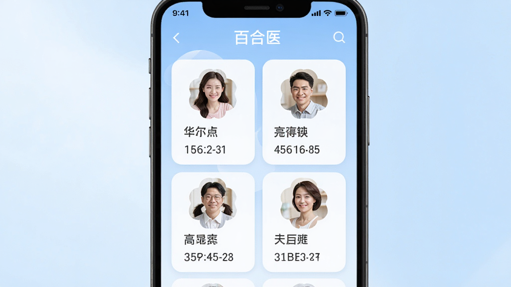 AI生图,主体为手机屏幕显示“百合医”健康档案界面,布局为屏幕中央展示多个家庭成员头像卡片,排版为上下排列,风格为温馨家庭健康风,细节包括卡片上显示姓名、年龄、最近测量值,背景为浅蓝色渐变,画质高清,干净,无多余元素