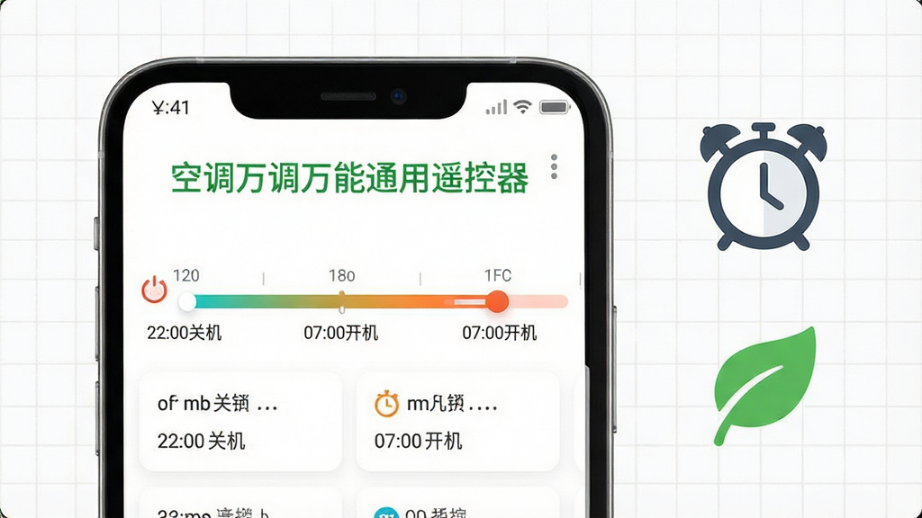 画面主体为一部手机显示定时设置界面,界面包含时间轴与多个定时任务卡片,时间轴上标注“22:00关机”“07:00开机”等文字,布局上手机位于画面中央偏左,右侧放置一个闹钟图标与节能叶子图标,排版左右平衡,风格为清新简约扁平风,细节上时间轴带有渐变色进度条,背景为白色并带有浅灰色网格,画质为4K高清,干净无多余元素,画面中文字“空调万能通用遥控器”以绿色字体显示在界面顶部。