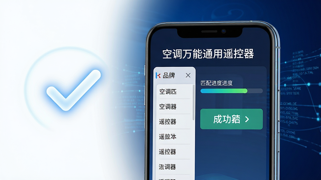 画面主体为一部智能手机,屏幕显示“空调万能通用遥控器”的码库匹配界面,界面左侧为品牌列表,右侧为匹配进度条与成功提示,布局上手机位于画面中央偏右,左侧空白处放置一个发光的对勾图标,排版简洁直观,风格为写实科技风,细节上手机边缘带有轻微反光,背景为深蓝色渐变并带有数据流线条,画质为8K超清,干净无多余元素,画面中文字“空调万能通用遥控器”以白色字体显示在屏幕顶部。
