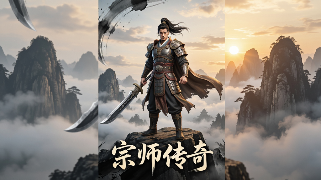 主体是宗师传奇手游中的武侠角色站在山巅,布局为人物居中远景展示,排版采用竖版构图,风格为中国风水墨与写实结合,细节包括角色身穿战甲手持武器、背景有云雾缭绕的山峰和落日余晖、画面下方有“宗师传奇”四个大字,画质高清干净无多余元素