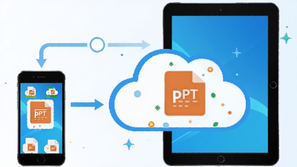 MyPPT软件的云端同步功能示意图,画面中一部手机和一台平板电脑通过云朵图标连接,云朵中显示PPT文件图标,背景为淡蓝色渐变,风格为扁平化科技插画,细节包含同步箭头和文件缩略图,画质清晰,干净无多余元素