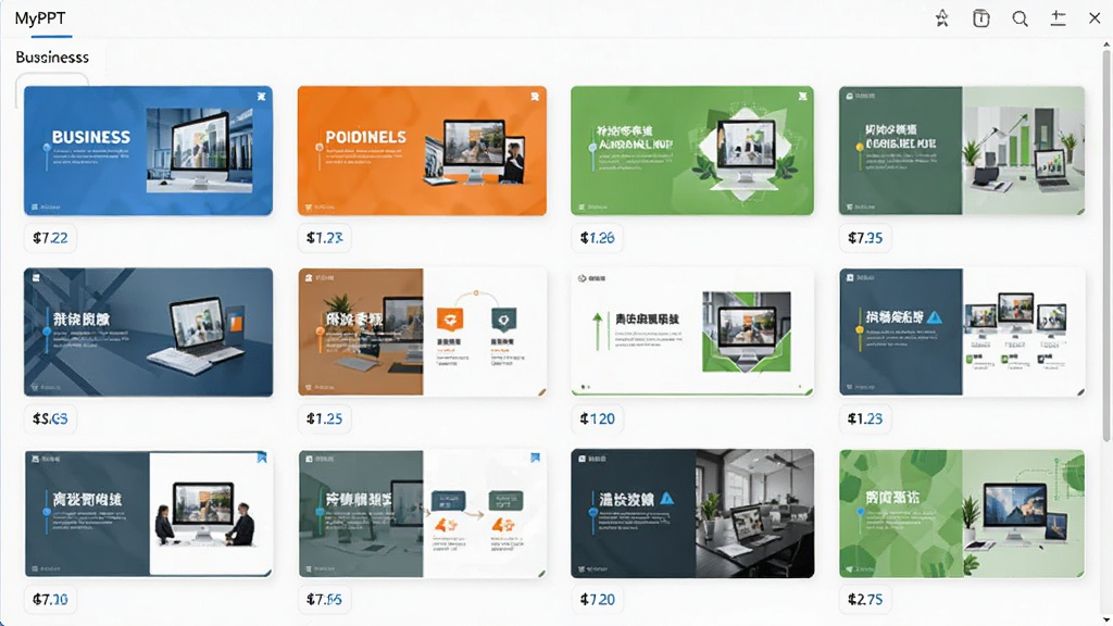 MyPPT软件内模板选择界面的截图,画面中整齐排列着多种风格的幻灯片模板缩略图,有商务蓝、活力橙、清新绿等配色,界面布局为网格状,风格简洁现代,细节清晰显示模板分类标签,画质高清,干净无多余元素