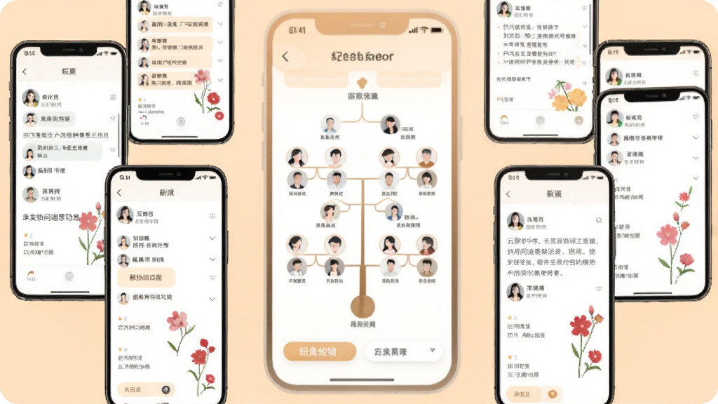云祭软件中亲友协同追思功能的示意图,画面展示多部手机围绕一个中心纪念馆页面,每部手机屏幕上显示不同亲友的留言和献花记录,中心页面有家族树连接线,风格温馨现代,画质干净,无多余元素