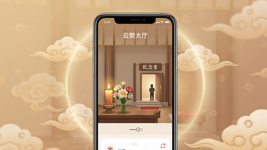 一张展现云祭应用核心界面的手机样机图,画面中央是手机屏幕,屏幕内显示素雅庄重的线上祭祀大厅,有虚拟蜡烛、鲜花和纪念堂入口,背景为柔和的暖色调,周围环绕着淡淡的云纹和光晕,风格肃穆温馨,细节清晰,画质干净,无多余元素
