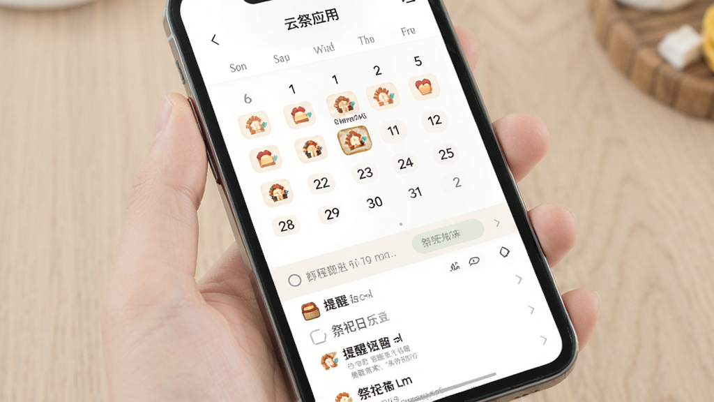 云祭应用内祭祀提醒与日程管理界面图,手机屏幕显示日历视图,特定日期标注有祭祀提醒图标,下方有提醒设置选项和即将到来的祭祀日程列表,界面简洁清晰,色调柔和,画质干净,无多余元素