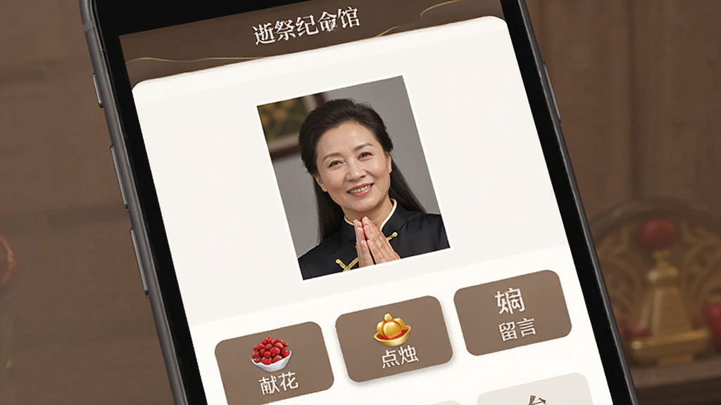 云祭软件内创建纪念馆的界面截图风格图片,画面展示手机屏幕中一个已创建好的纪念馆页面,上方有逝者姓名和照片,下方排列着献花、点烛、留言等功能按钮,整体色调庄重典雅,布局清晰,画质干净,无多余元素